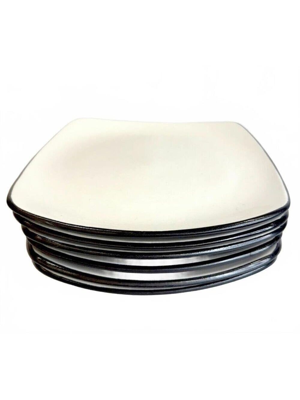 Set of 6 Vintage Solid Corelle Hearthstone Stoneware 8.5 in Plates Black Cream